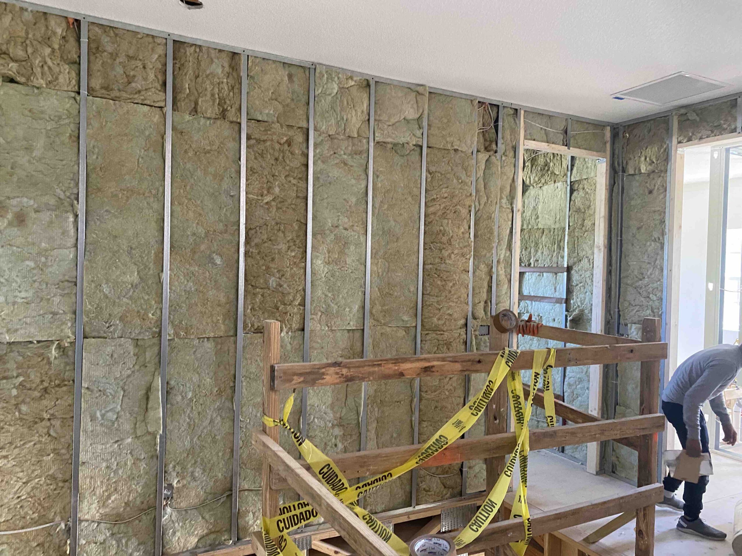 Rockwool or Mineral Wool can being installed for sound in interior walls and around the door. Works great when people play music loud.